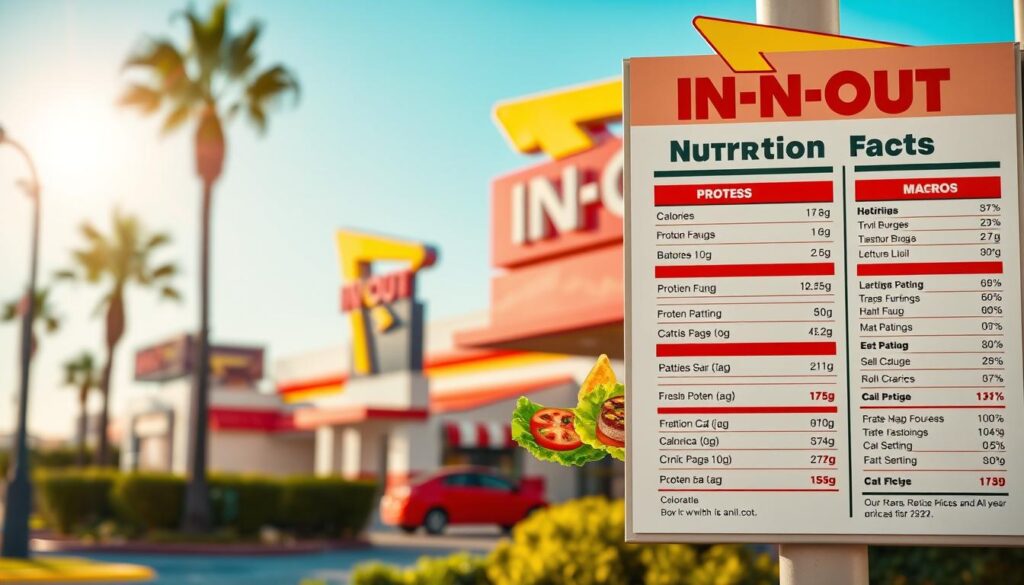 A colorful and informative illustration of In-N-Out nutrition facts displayed on a stylish menu board. In the foreground, a well-organized layout highlights various protein and macro-focused options, such as protein-style burgers and salads, each accompanied by their calorie counts and macro breakdowns. The middle section features a fresh arrangement of fresh ingredients like lettuce, tomatoes, and grilled patties, evoking a healthy dining choice. The background includes a soft focus of an iconic In-N-Out restaurant, with palm trees and a bright sun setting in a clear blue sky, adding a warm, inviting atmosphere. Emphasize natural lighting to bring out vibrant colors, capturing a friendly and healthy dining experience.