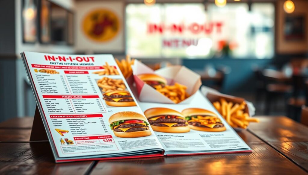 A detailed In-N-Out nutrition menu displayed prominently on a rustic wooden table, emphasizing freshness and quality with vibrant colors. The foreground features an open menu with colorful illustrations of burgers, fries, and nutrition information such as calories and allergen notes. In the middle section, soft-focus images of delicious, freshly prepared burgers and golden fries are artfully arranged, hinting at their taste appeal. The background is a softly blurred diner setting, with warm lighting creating an inviting atmosphere. The composition is shot with a 50mm lens at a shallow depth of field to focus on the menu while harmoniously blending the surrounding elements. The mood is casual yet appetizing, perfect for conveying the essence of indulgence in comfort food, while maintaining a professional aesthetic suitable for an informative article.