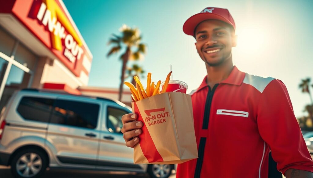 A vibrant In-N-Out Burger delivery scene capturing the essence of the iconic fast-food restaurant. In the foreground, a delivery person in a smart red and white uniform holds a classic paper bag filled with burgers, fries, and a drink. The middle ground features a stylish, modern urban setting with a sleek delivery vehicle parked beside them. The background showcases a clear blue sky and palm trees swaying gently, evoking a sunny Californian vibe. The lighting is warm and inviting, with the sunlight illuminating the burger bag, emphasizing the freshness of the food. The perspective is slightly low-angle, giving a dynamic view of the scene. The mood is upbeat and casual, reflecting a fun experience related to food delivery and enjoyment.