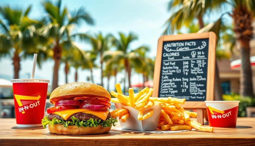 A vibrant and detailed food display featuring In-N-Out Burger items arranged attractively on a wooden table. In the foreground, showcase a classic double cheeseburger with fresh lettuce, tomato, onions, and melted cheese. Next to it, place a serving of crispy golden fries and a refreshing drink in a paper cup. In the middle ground, incorporate a selection of nutrition facts displayed on an elegant chalkboard, detailing calorie counts and ingredients, arranged artistically. The background captures a sunny outdoor California setting with green palm trees and a clear blue sky, creating a cheerful and inviting atmosphere. The lighting is warm and natural, enhancing the colors of the food. Aim for a mouthwatering yet informative tone that embodies a healthy eating vibe while emphasizing the iconic burger joint experience. A vibrant and detailed food display featuring In-N-Out Burger items arranged attractively on a wooden table. In the foreground, showcase a classic double cheeseburger with fresh lettuce, tomato, onions, and melted cheese. Next to it, place a serving of crispy golden fries and a refreshing drink in a paper cup. In the middle ground, incorporate a selection of nutrition facts displayed on an elegant chalkboard, detailing calorie counts and ingredients, arranged artistically. The background captures a sunny outdoor California setting with green palm trees and a clear blue sky, creating a cheerful and inviting atmosphere. The lighting is warm and natural, enhancing the colors of the food. Aim for a mouthwatering yet informative tone that embodies a healthy eating vibe while emphasizing the iconic burger joint experience.