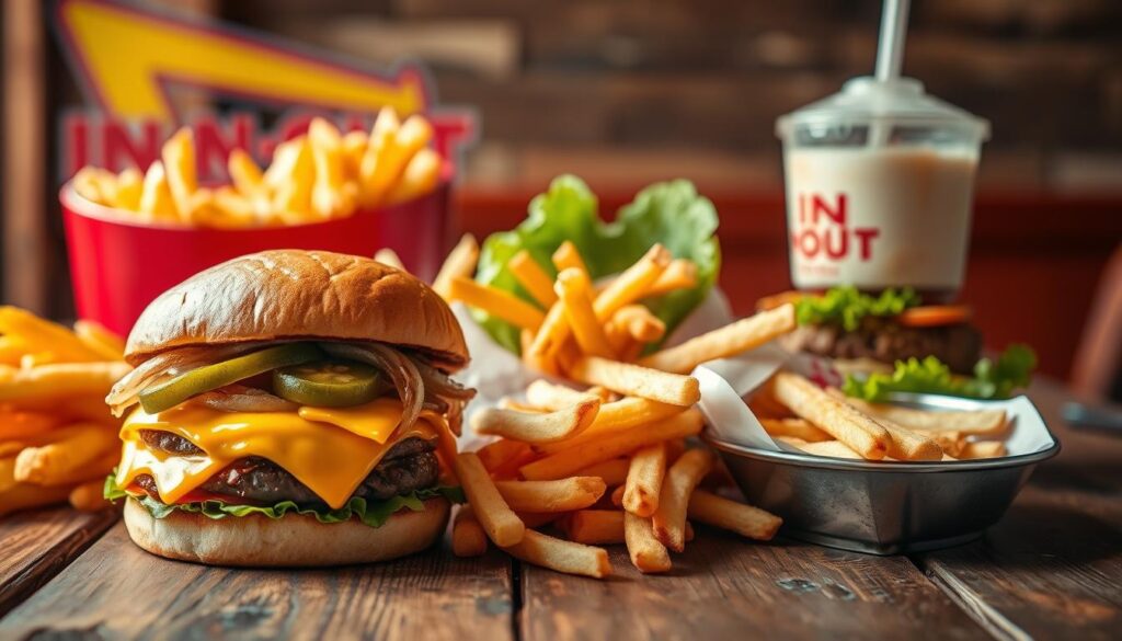 A vibrant arrangement of assorted In-N-Out secret menu items on a rustic wooden table. In the foreground, showcase a colorful "Animal Style" burger overflowing with melted cheese, extra pickles, and grilled onions, alongside crispy French fries topped with secret sauce. In the middle, feature a lettuce-wrapped burger for a low-carb option, complemented by a rich, creamy shake in a classic cup. In the background, include a subtle hint of the iconic red and yellow In-N-Out logo, blurred softly for emphasis. The scene is illuminated by warm, natural lighting, creating a cozy and inviting atmosphere. The angle is slightly overhead, providing a mouthwatering view of the delicious food spread, enticing viewers to explore these bold flavors.