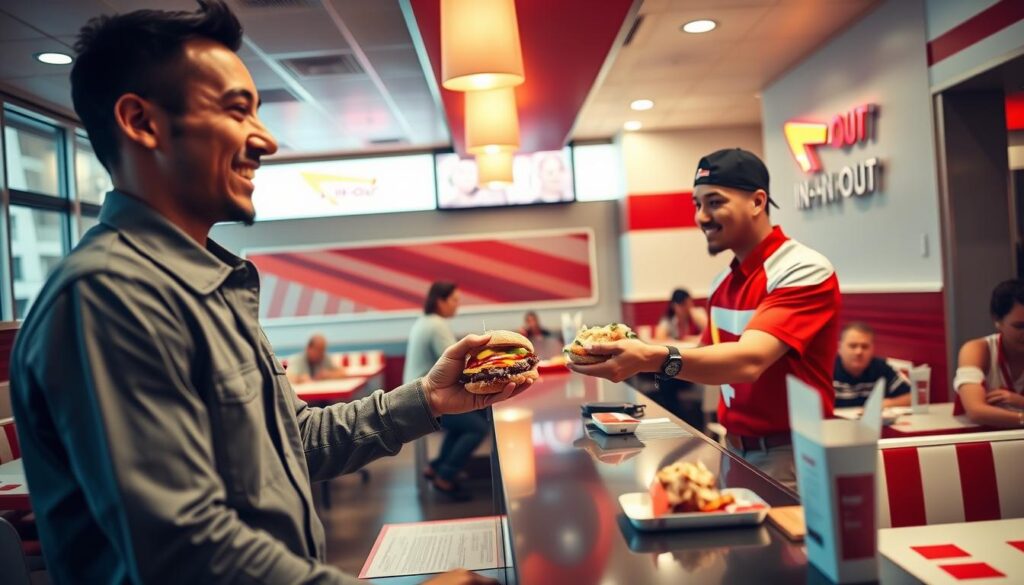 A vibrant indoor scene at an In-N-Out Burger restaurant, showcasing an enticing array of off-menu items being ordered at the counter. In the foreground, a smiling customer, dressed in casual yet neat attire, is enthusiastically discussing secret menu hacks with a friendly employee. The employee, wearing the iconic In-N-Out uniform, is handing over a colorful burger with unique toppings, embodying the excitement of the ordering experience. In the middle background, other patrons enjoy their meals at red-and-white checkered tables, reflecting a lively atmosphere. Soft, warm lighting enhances the inviting ambiance of the restaurant, while the unmistakable In-N-Out Burger logo is subtly visible on the walls. The angle of the image captures both the dynamic interaction at the counter and the enjoyable atmosphere, conveying a sense of community and culinary discovery.