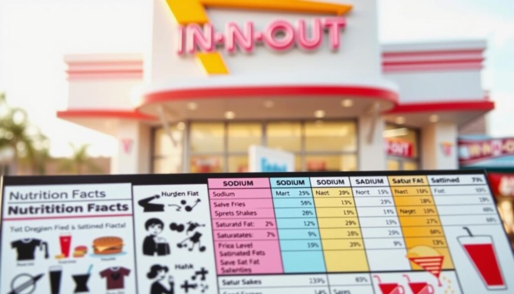 A visually arresting infographic-style illustration of In-N-Out Nutrition Facts prominently featuring key components like sodium and saturated fat. In the foreground, a detailed breakdown of various menu items, organized by their nutritional content, including colorful icons or silhouettes of burgers, fries, and shakes. In the middle layer, vibrant colors highlight the nutrients discussed, such as sodium levels and saturated fats, arranged neatly for quick reference. In the background, a blurred image of an In-N-Out burger joint conveying a casual dining atmosphere with soft natural lighting to evoke a friendly, inviting mood. The lens perspective captures a close-up view emphasizing clarity and focus on the nutritional details without any captions or text overlays.