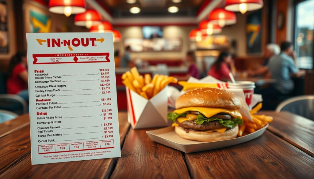 A visually captivating image of an In-N-Out menu displayed against a rustic wooden table backdrop. In the foreground, the menu showcases prices for iconic items like cheeseburgers, hamburgers, fries, and drinks, meticulously listed and designed with a vintage diner aesthetic. The middle section features a classic In-N-Out burger alongside a generous serving of golden fries, artfully presented. The background subtly includes a blurred view of a bustling fast-food environment, hinting at customers enjoying their meals, all under warm, inviting lighting that conveys a friendly atmosphere. The overall mood is casual yet vibrant, capturing the essence of indulgence in fresh, tasty food. Use a slight overhead angle for an immersive perspective and enhance details with a soft-focused lens effect.