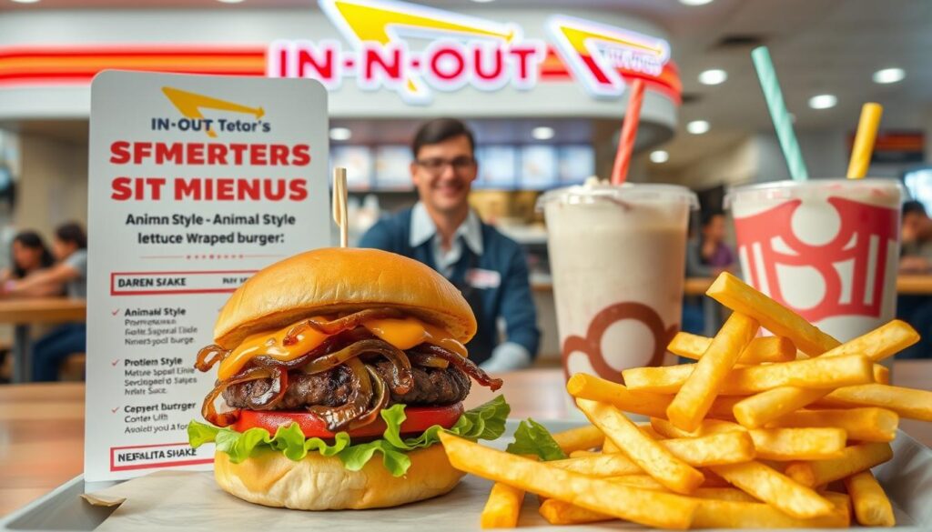 A well-organized presentation of a colorful In-N-Out special menu, featuring off-menu items like the "Animal Style" burger, "Protein Style" lettuce-wrapped burger, and "Neapolitan" shake. In the foreground, a close-up of an open burger showcasing layers of grilled onions, lettuce, and special sauce, with a side of golden fries arranged artistically. The middle ground includes an inviting counter scene with a friendly, professionally-attired staff member serving customers, embodying a warm, friendly atmosphere. The background features the iconic In-N-Out logo and a bustling restaurant filled with patrons enjoying their meals, capturing a lively and vibrant vibe. Soft, natural lighting floods the scene, emphasizing the delicious textures of the food. Camera angle from slightly above to depict the enticing array of flavors and textures without any text or distractions.